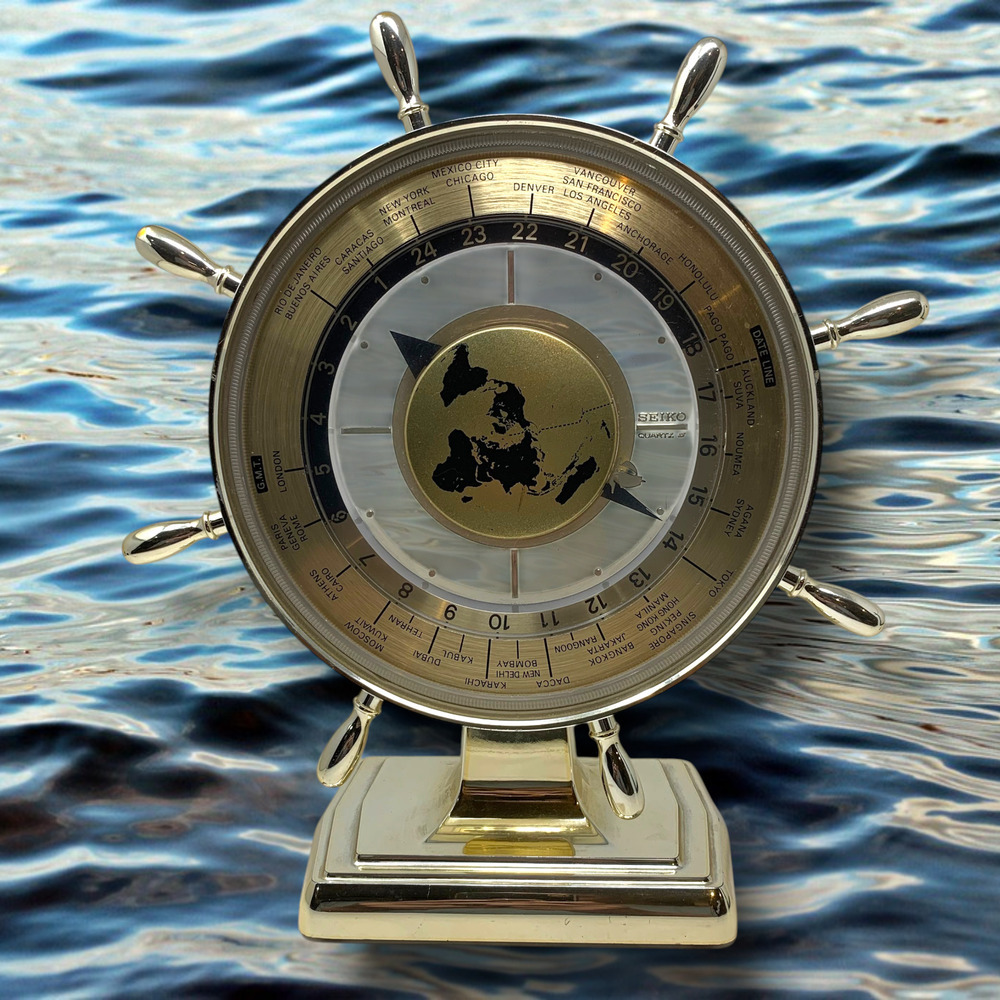 Vtg 1980's Seiko Ship Wheel World Time Clock Quartz Desk Clock Nautical QOZ153G